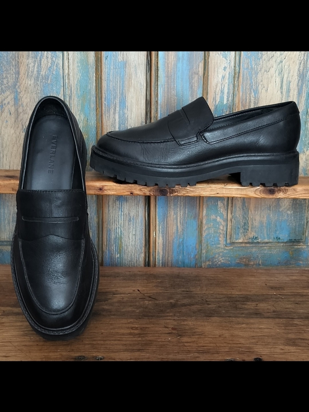 EVERLANE The Lug Black Leather Penny Loafers Platforms Sz 7